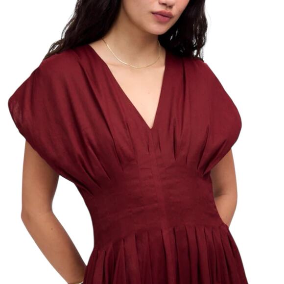 NWT Madewell Pleated V Neck Midi Dress Linen Blend Vintage Burgundy Size 2 - Picture 2 of 11